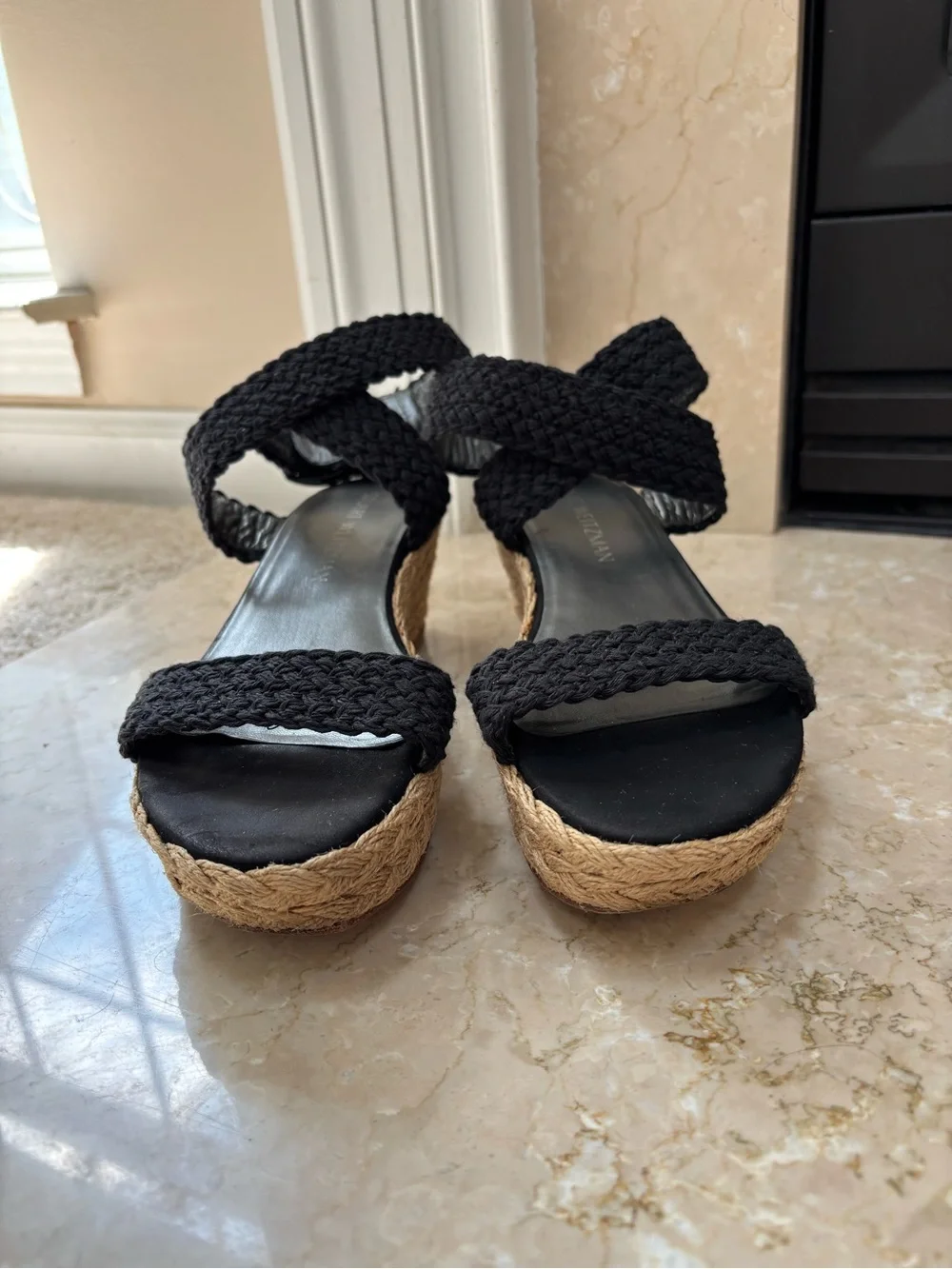 Stuart Weitzman Black Braided Espadrille Wedge Sandals